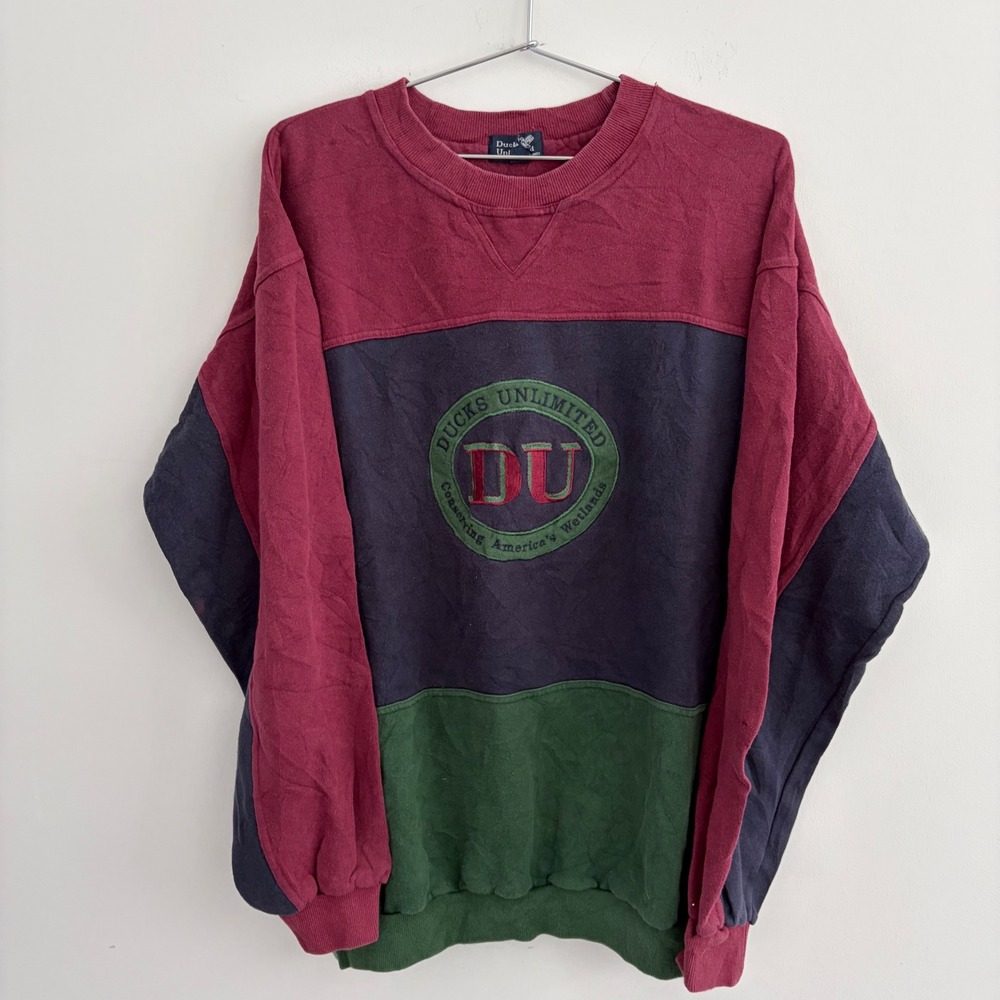 Ducks Unlimited Vintage Colorblock Crewneck Sweatshirt Large Burgundy Navy Green
